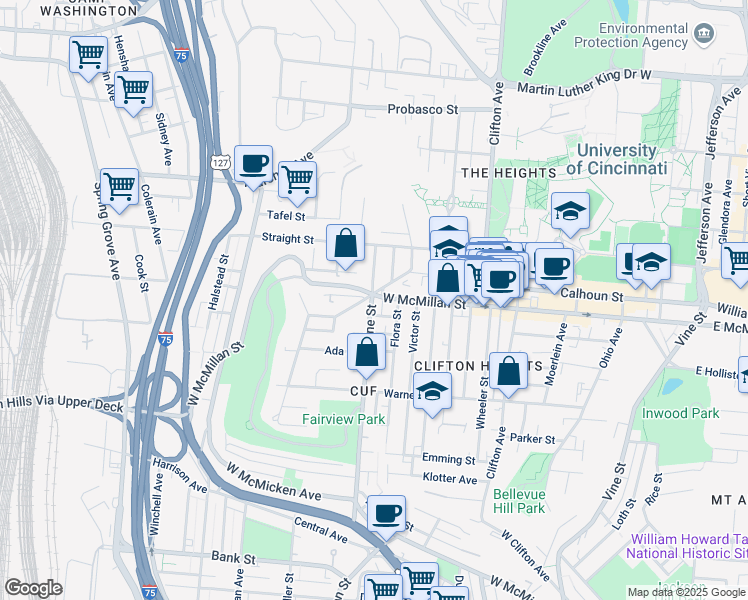 map of restaurants, bars, coffee shops, grocery stores, and more near 355 West McMillan Street in Cincinnati