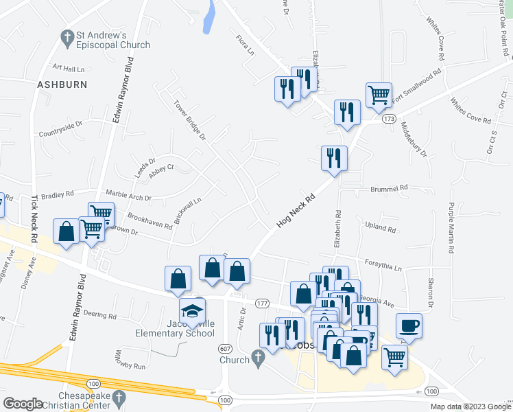 map of restaurants, bars, coffee shops, grocery stores, and more near 8107 Tower Bridge Drive in Pasadena