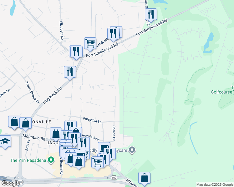 map of restaurants, bars, coffee shops, grocery stores, and more near 311 Sharon Drive in Pasadena