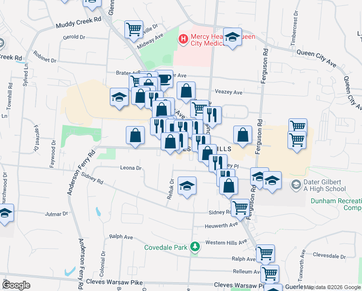 map of restaurants, bars, coffee shops, grocery stores, and more near 5060 Crookshank Road in Cincinnati
