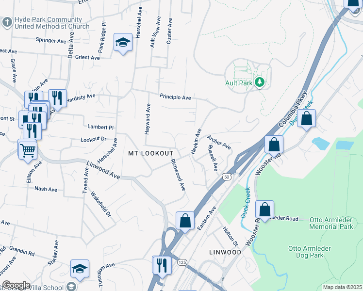 map of restaurants, bars, coffee shops, grocery stores, and more near 3510 Arnold Street in Cincinnati