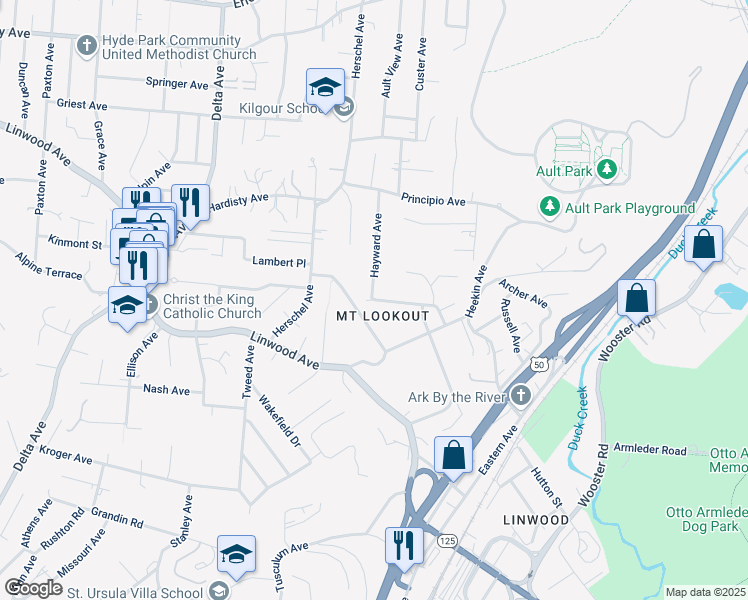 map of restaurants, bars, coffee shops, grocery stores, and more near 3441 Arnold Street in Cincinnati