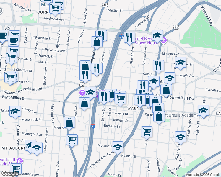 map of restaurants, bars, coffee shops, grocery stores, and more near 664 Crown Street in Cincinnati