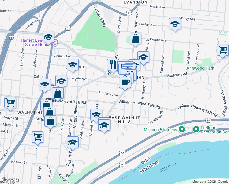 map of restaurants, bars, coffee shops, grocery stores, and more near 2609 Woodburn Avenue in Cincinnati