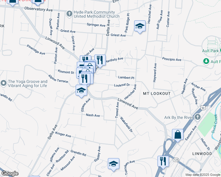 map of restaurants, bars, coffee shops, grocery stores, and more near 1302 Herlin Place in Cincinnati