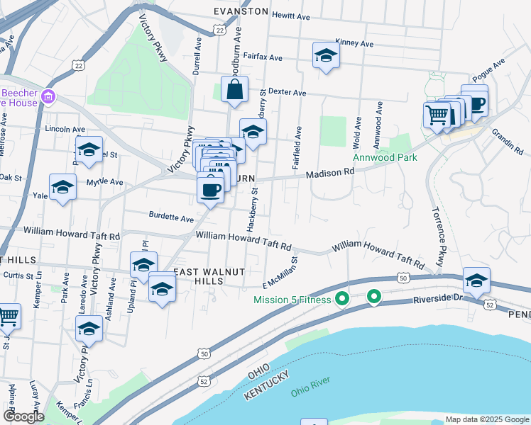 map of restaurants, bars, coffee shops, grocery stores, and more near 2625 Cleinview Avenue in Cincinnati
