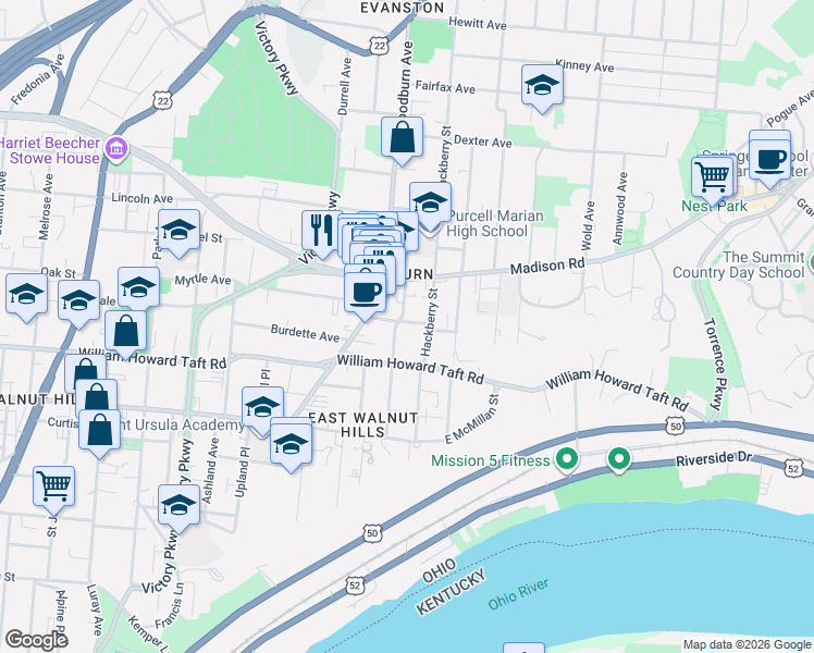 map of restaurants, bars, coffee shops, grocery stores, and more near 2613 Hackberry Street in Cincinnati