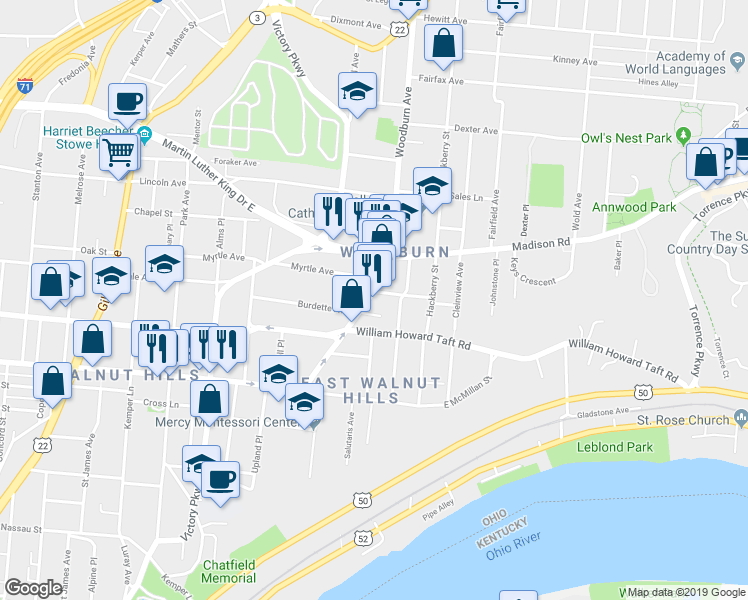 map of restaurants, bars, coffee shops, grocery stores, and more near 1539 Burdette Court in Cincinnati