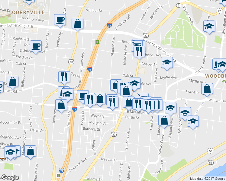 map of restaurants, bars, coffee shops, grocery stores, and more near 801 William Howard Taft Road in Cincinnati
