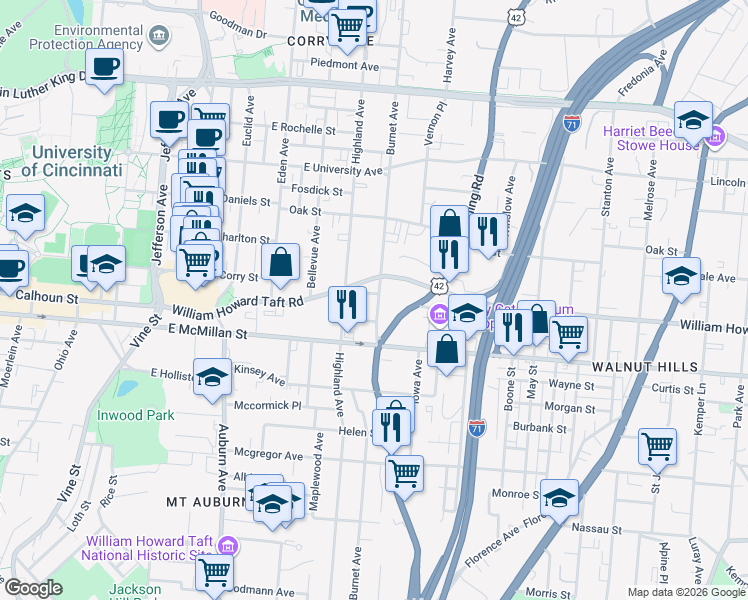 map of restaurants, bars, coffee shops, grocery stores, and more near 315 Shea Place in Cincinnati