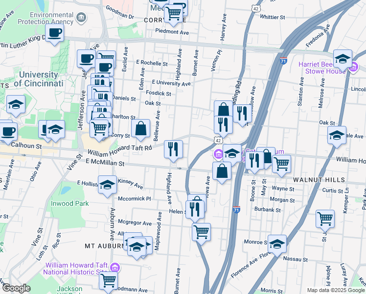 map of restaurants, bars, coffee shops, grocery stores, and more near 315 Shea Place in Cincinnati
