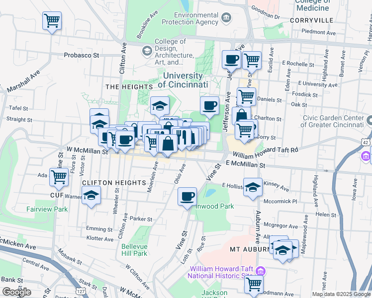 map of restaurants, bars, coffee shops, grocery stores, and more near in Cincinnati