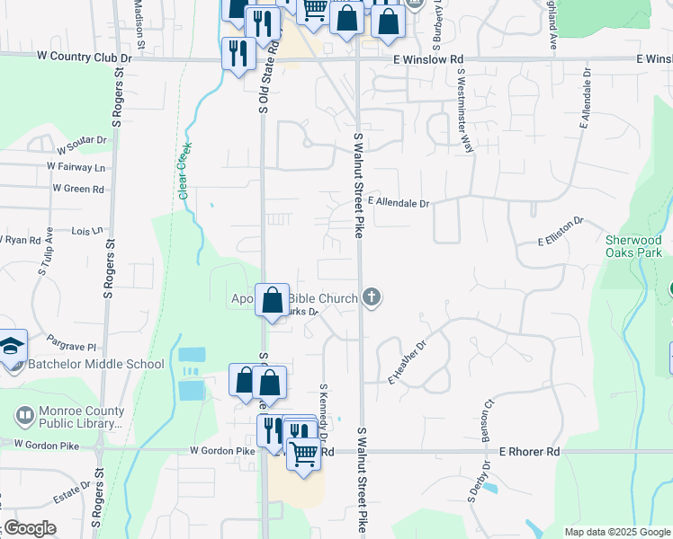map of restaurants, bars, coffee shops, grocery stores, and more near 3296 South Walnut Springs Drive in Bloomington