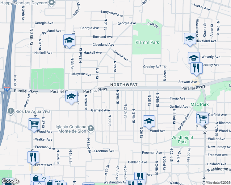 map of restaurants, bars, coffee shops, grocery stores, and more near 1953 North 30 Street in Kansas City