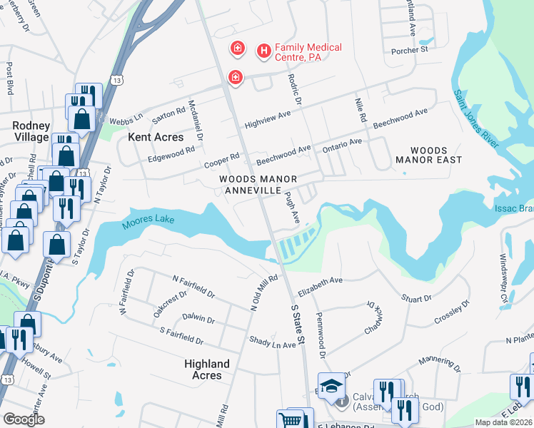 map of restaurants, bars, coffee shops, grocery stores, and more near 1694 South State Street in Dover