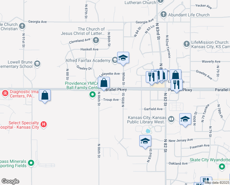 map of restaurants, bars, coffee shops, grocery stores, and more near 8515 Parallel Parkway in Kansas City