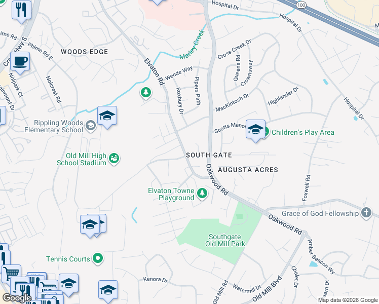 map of restaurants, bars, coffee shops, grocery stores, and more near 7969 Elvaton Road in Glen Burnie