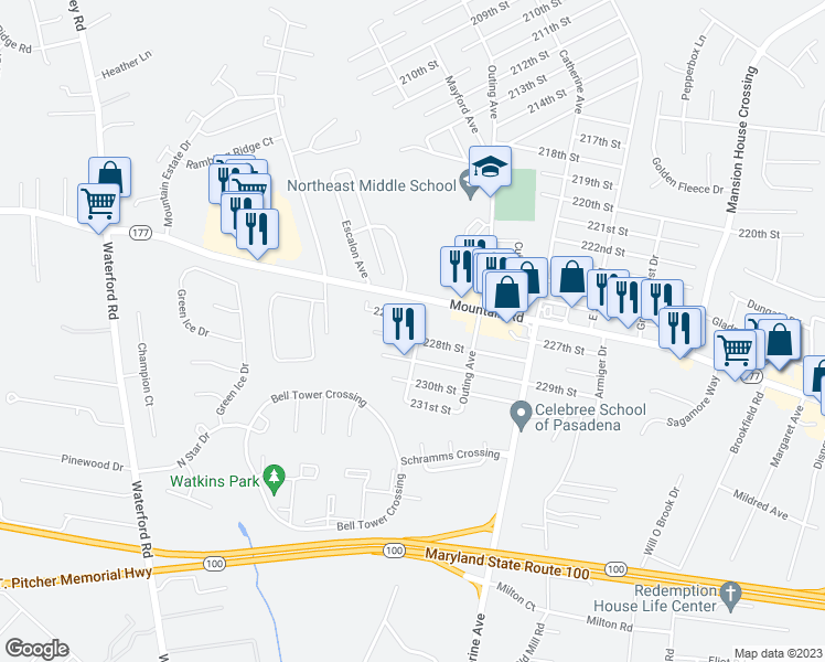 map of restaurants, bars, coffee shops, grocery stores, and more near 8056 Mayer Avenue in Pasadena