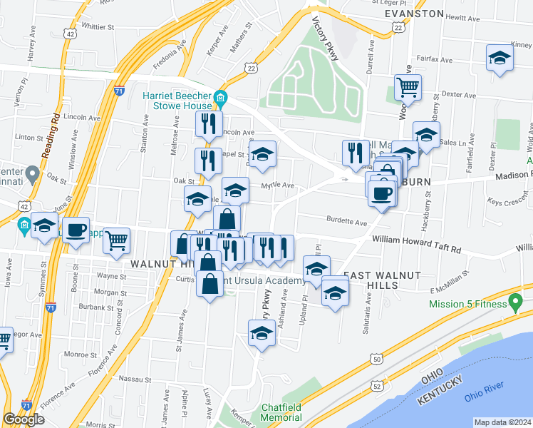 map of restaurants, bars, coffee shops, grocery stores, and more near 2631 Victory Parkway in Cincinnati
