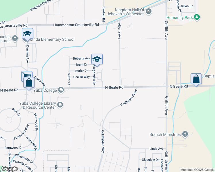 map of restaurants, bars, coffee shops, grocery stores, and more near 6025 College View Drive in Linda