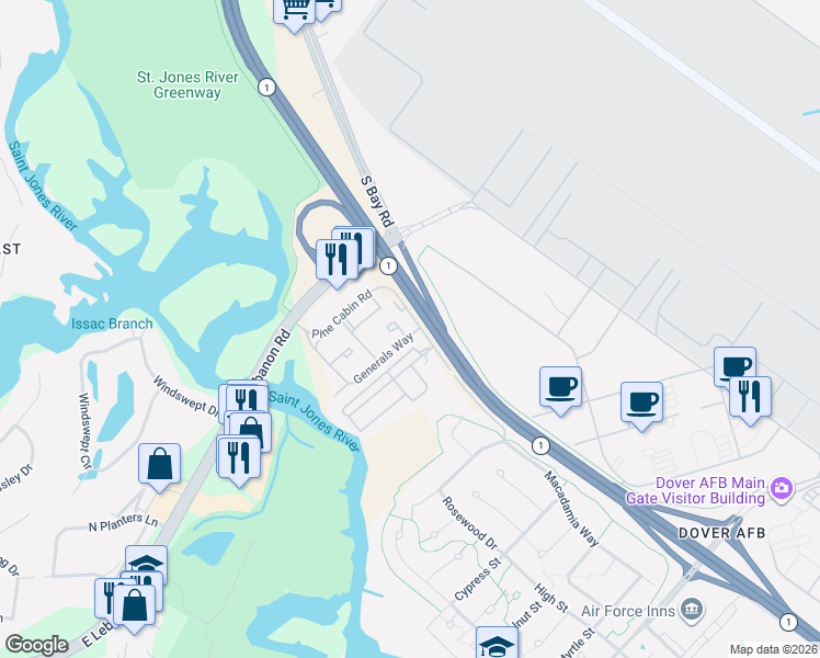 map of restaurants, bars, coffee shops, grocery stores, and more near 118 Kenney Court in Dover