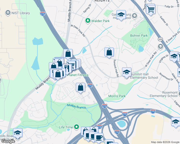 map of restaurants, bars, coffee shops, grocery stores, and more near 118 Duvall Lane in Gaithersburg