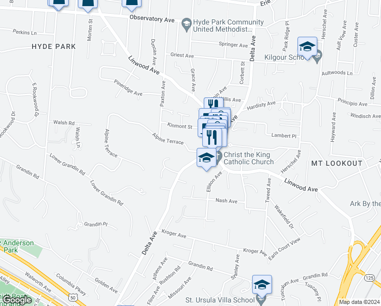 map of restaurants, bars, coffee shops, grocery stores, and more near 3050 Alpine Terrace in Cincinnati
