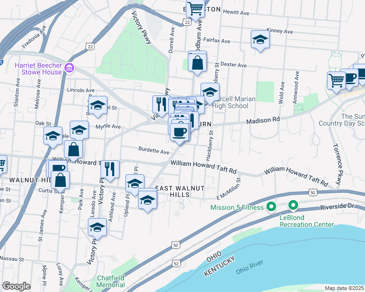 map of restaurants, bars, coffee shops, grocery stores, and more near 2800 Woodburn Avenue in Cincinnati