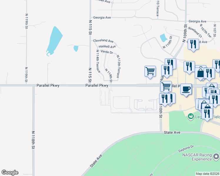 map of restaurants, bars, coffee shops, grocery stores, and more near 11403 Parallel Parkway in Kansas City