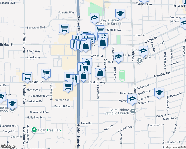 map of restaurants, bars, coffee shops, grocery stores, and more near 353 North Lawrence Avenue in Yuba City