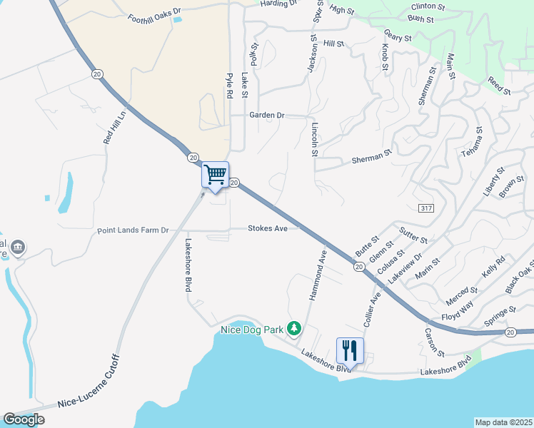 map of restaurants, bars, coffee shops, grocery stores, and more near 2375 California 20 in Upper Lake