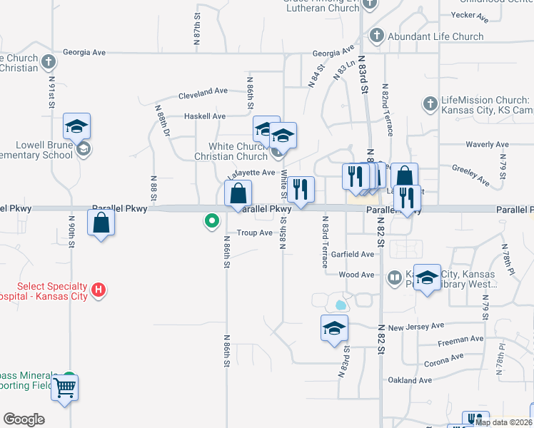 map of restaurants, bars, coffee shops, grocery stores, and more near 8519 Parallel Parkway in Kansas City