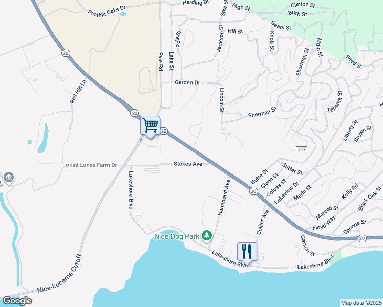 map of restaurants, bars, coffee shops, grocery stores, and more near 2385 California 20 in Upper Lake