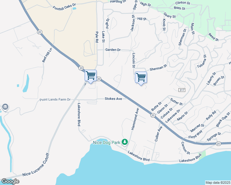 map of restaurants, bars, coffee shops, grocery stores, and more near 2385 California 20 in Upper Lake