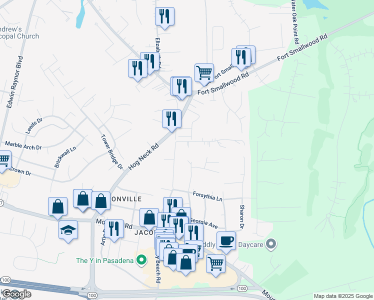 map of restaurants, bars, coffee shops, grocery stores, and more near 4005 Brummel Road in Pasadena