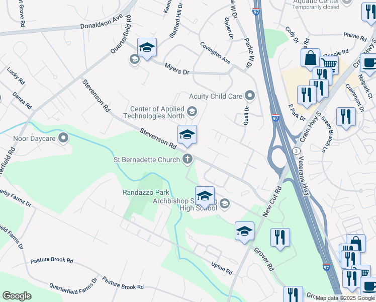map of restaurants, bars, coffee shops, grocery stores, and more near 800 Stevenson Road in Severn