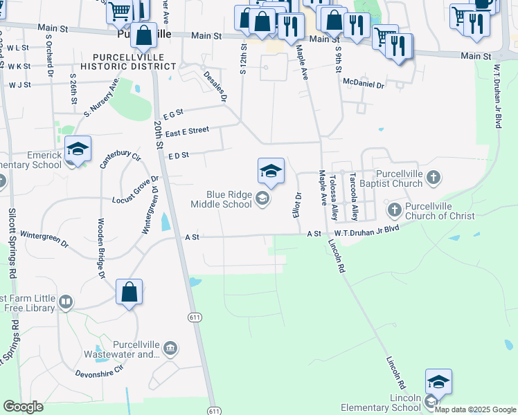 map of restaurants, bars, coffee shops, grocery stores, and more near 551 East A Street in Purcellville