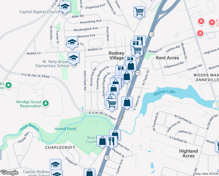 map of restaurants, bars, coffee shops, grocery stores, and more near 1573 Nathaniel Mitchell Road in Dover
