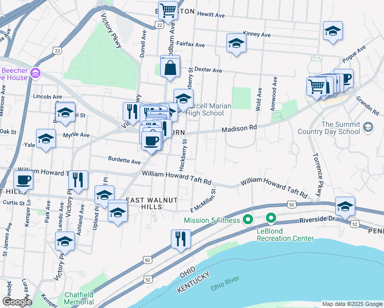map of restaurants, bars, coffee shops, grocery stores, and more near 2707 Cleinview Avenue in Cincinnati