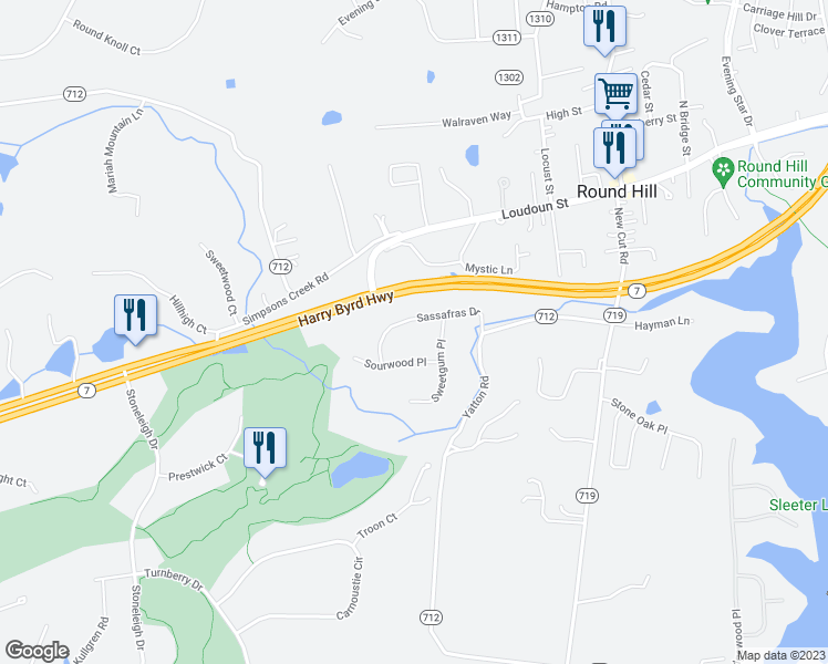 map of restaurants, bars, coffee shops, grocery stores, and more near 35521 Sassafras Drive in Round Hill