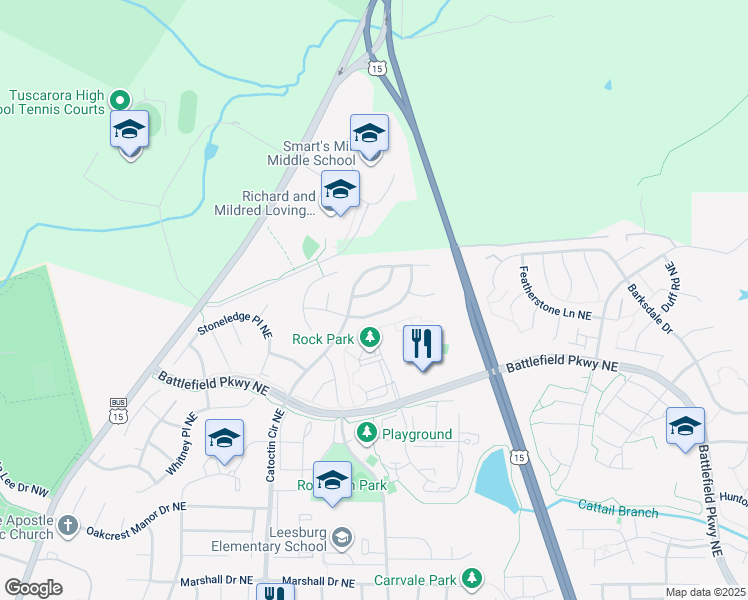 map of restaurants, bars, coffee shops, grocery stores, and more near 709 Foxtail Circle Northeast in Leesburg