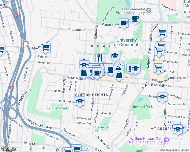 map of restaurants, bars, coffee shops, grocery stores, and more near in Cincinnati