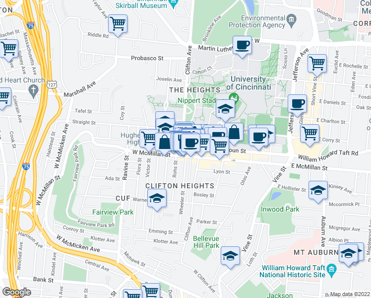 map of restaurants, bars, coffee shops, grocery stores, and more near in Cincinnati