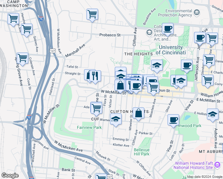 map of restaurants, bars, coffee shops, grocery stores, and more near 2544 Fairview Avenue in Cincinnati