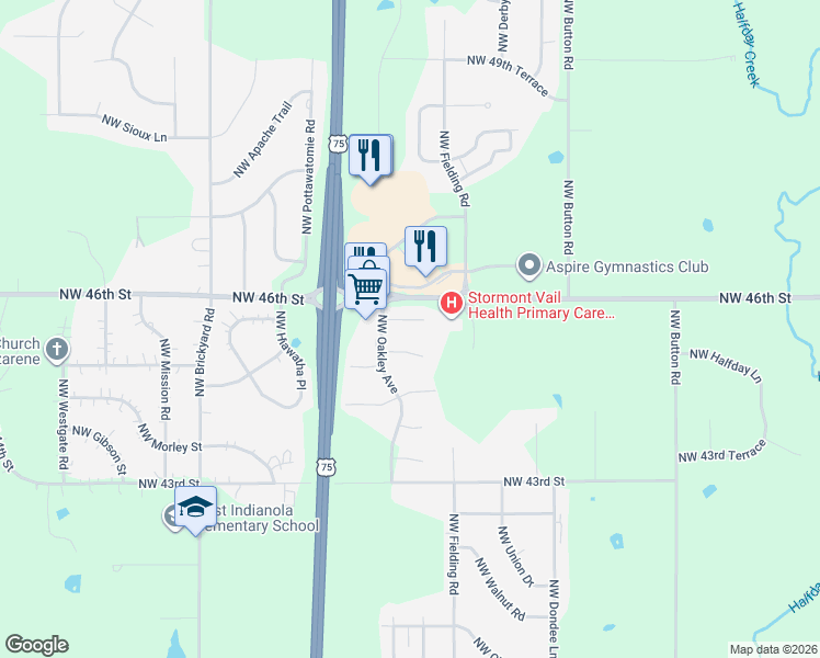map of restaurants, bars, coffee shops, grocery stores, and more near 3538 Northwest 45th Court in Topeka