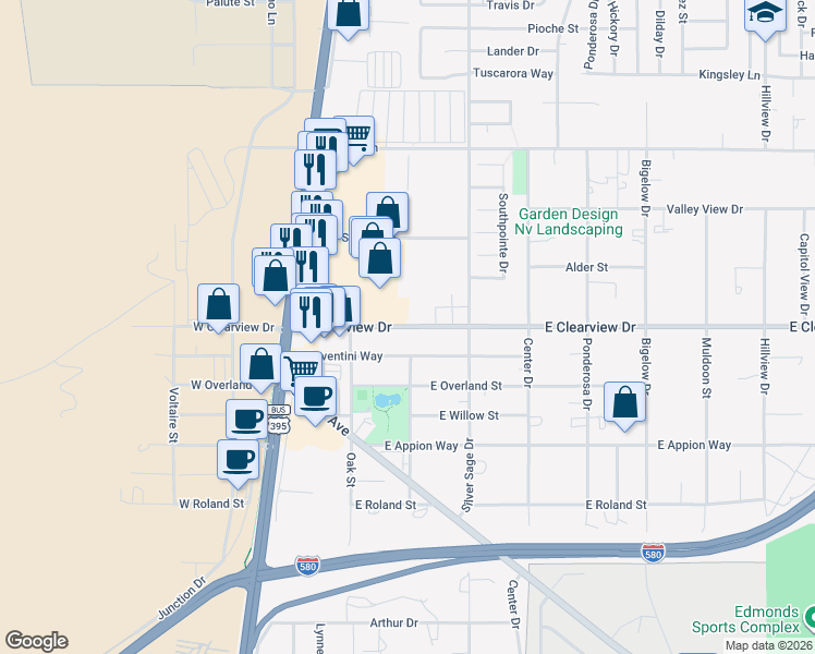 map of restaurants, bars, coffee shops, grocery stores, and more near 500 East Clearview Drive in Carson City