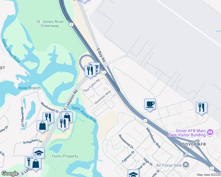 map of restaurants, bars, coffee shops, grocery stores, and more near 3010 Generals Way in Dover