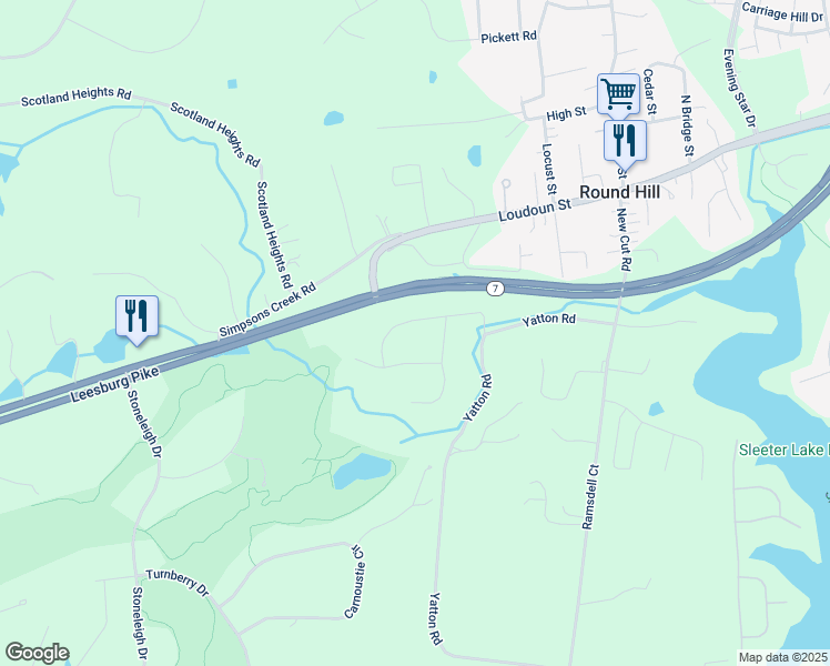 map of restaurants, bars, coffee shops, grocery stores, and more near 35521 Sassafras Drive in Round Hill
