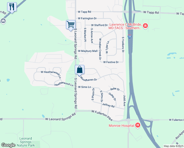 map of restaurants, bars, coffee shops, grocery stores, and more near 3845 Woodmere Way in Bloomington