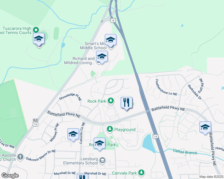 map of restaurants, bars, coffee shops, grocery stores, and more near 709 Foxtail Circle Northeast in Leesburg